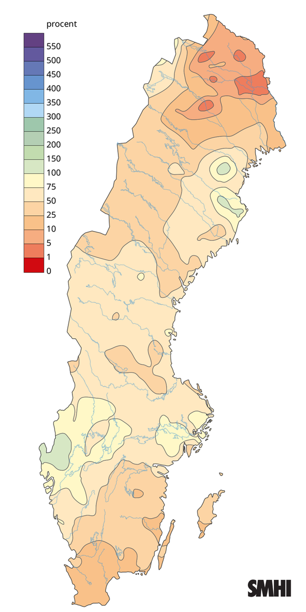 Nederbörden i procent av normalperioden 1991-2020 för april 2026.