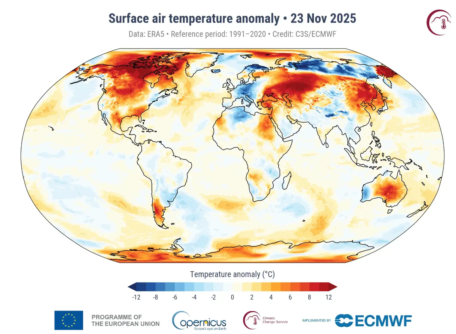 Världskarta som visar avvikelsen från normal dygnsmedeltemperatur den 23 november 2025.