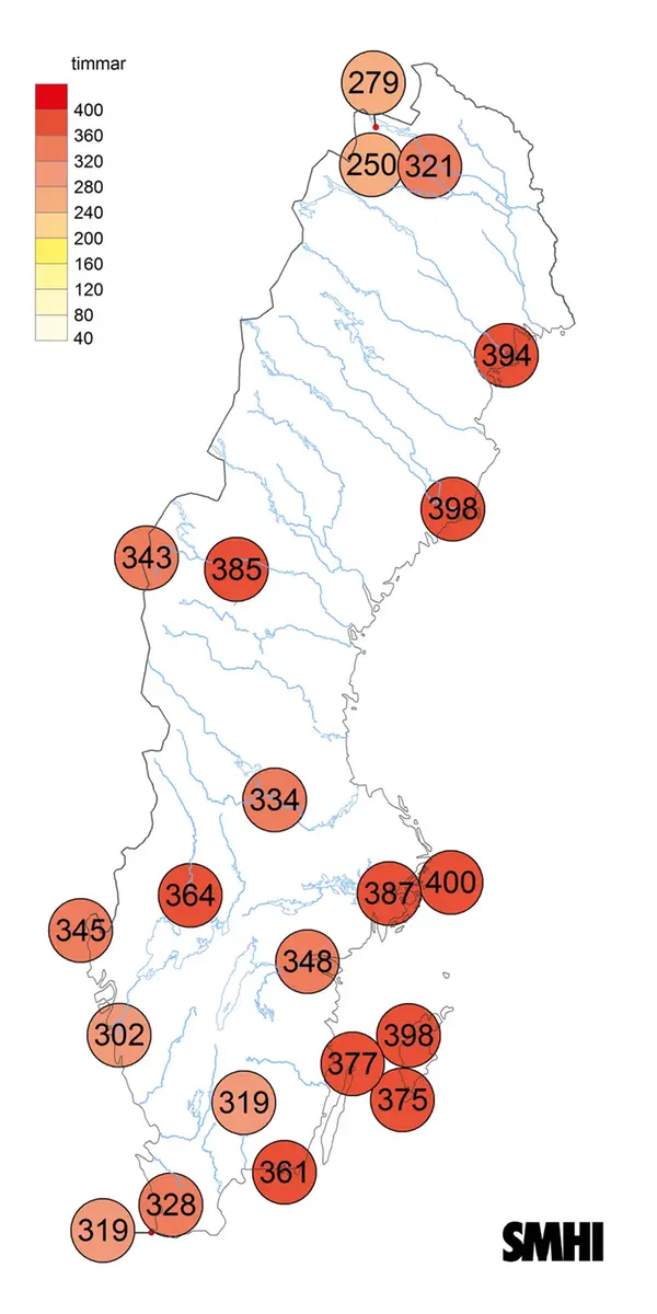 Sverigekarta som visar antal soltimmar under maj 2024