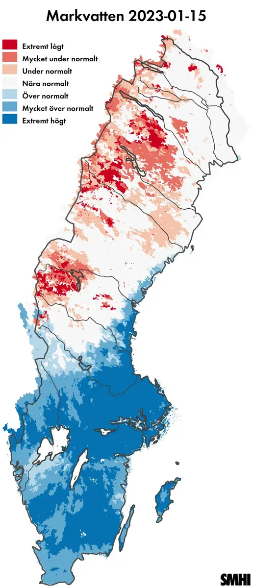 Kartan visar beräknad markvattenhalt 15 januari 2023 jämfört med medelvärdet för samma dag sedan 1981.