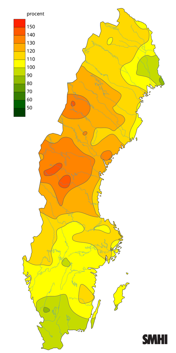 Byvindens avvikelse från det normala (1996-2015) under augusti 2025.