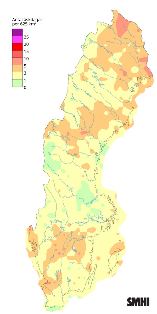 Antal åskdagar under augusti 2025.