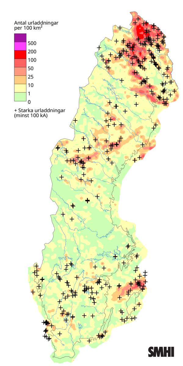 Totalt antal blixtar under augusti 2025.