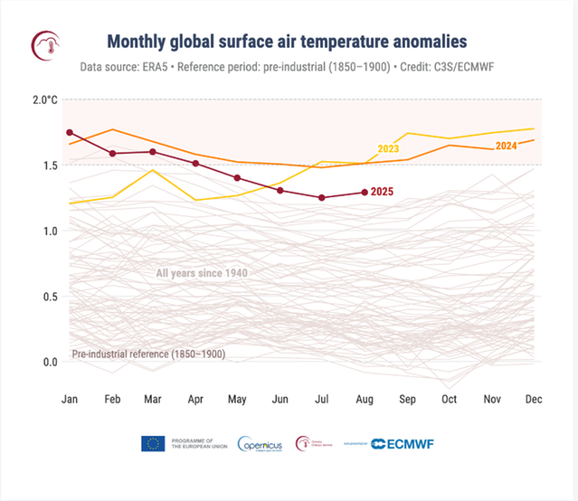 Bild som visar månatliga globala avvikelser i lufttemperaturen