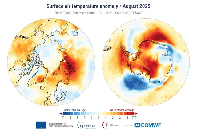 Kartor över Arktis respektive Antarktis som visar månadsmedeltemperaturens avvikelse från det normala i augusti 2025.
