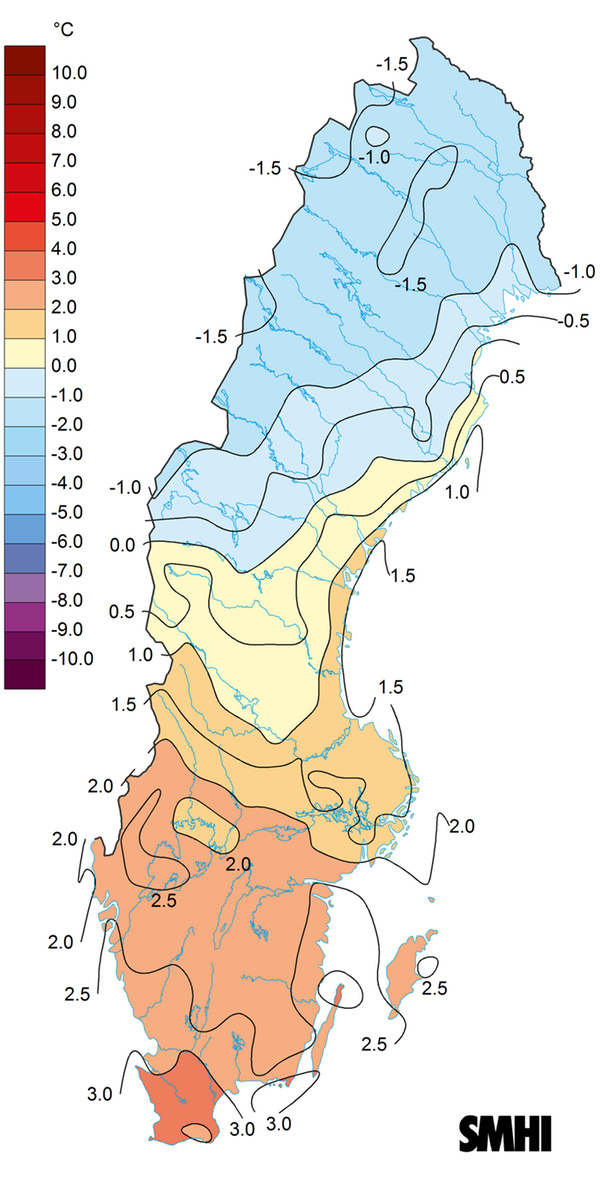 Karta som visar medeltemperaturens avvikelse från det normala under juni 2018.