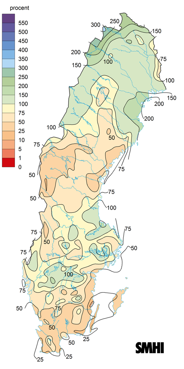 Kart som visar nederbördens avvikelse från det normala under juni 2018.