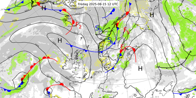 Analyskarta klockan 14 den 15 augusti 2025. Källa: SMHI.
