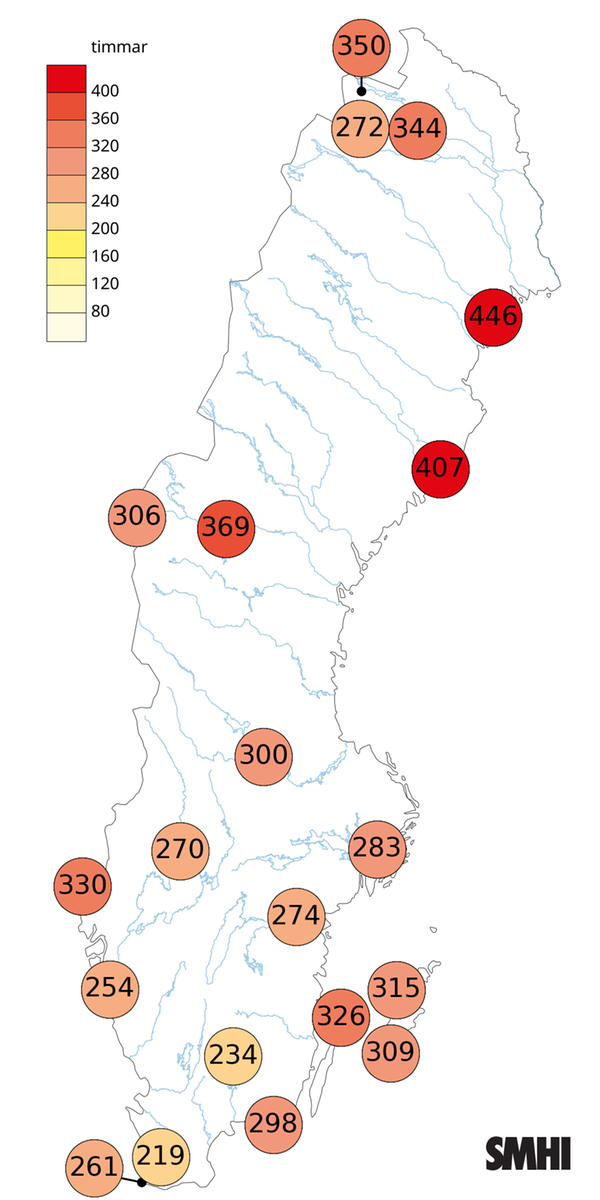 Antal soltimmar i juli 2025.