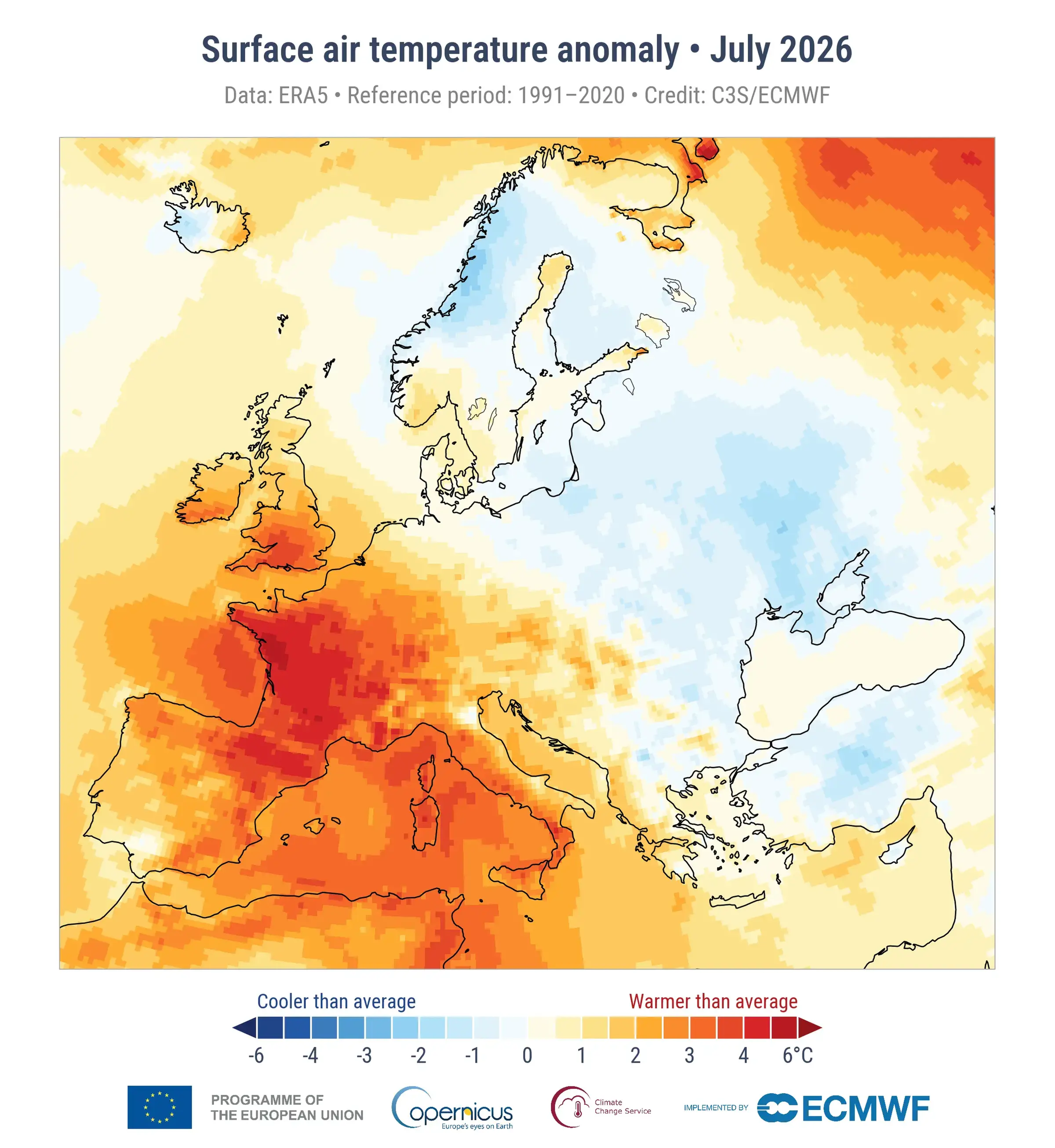 Karta över temperaturavvikelsen i Europa i juli 2026.