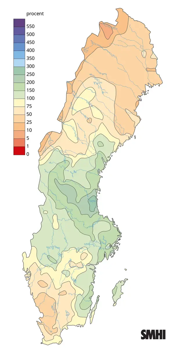 Nederbörden i procent av normalperioden 1991-2020 för januari 2026.