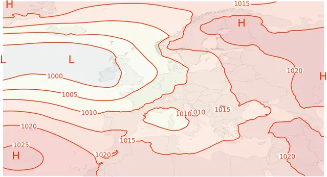 Medellufttryck i Europa i januari 2026. Illustration SMHI.