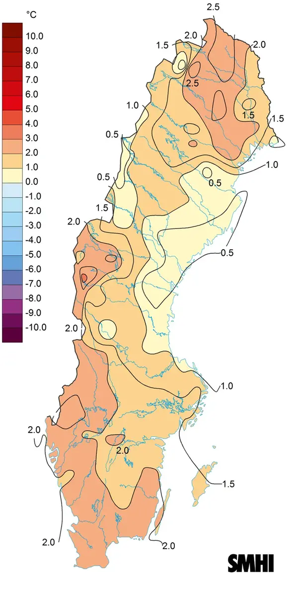 Medeltemperaturens avvikelse från normalperioden 1991-2020 för december 2024.