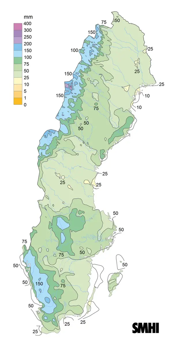 Nederbörden i procent av normalperioden 1991-2020 för december 2024.
