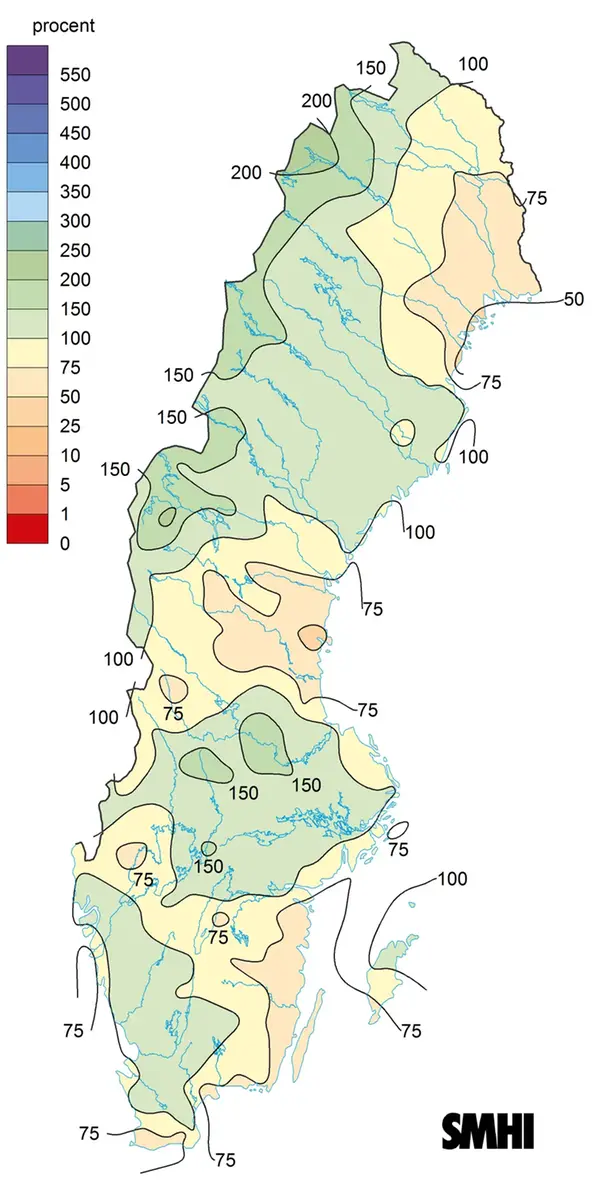 Nederbörden i procent av normalperioden 1991-2020 för december 2024.