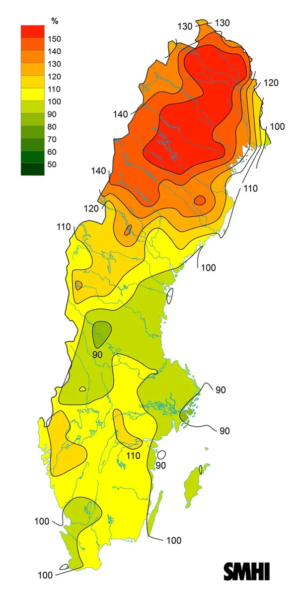 Nederbörden i procent av normalperioden 1991-2020 för december 2024.