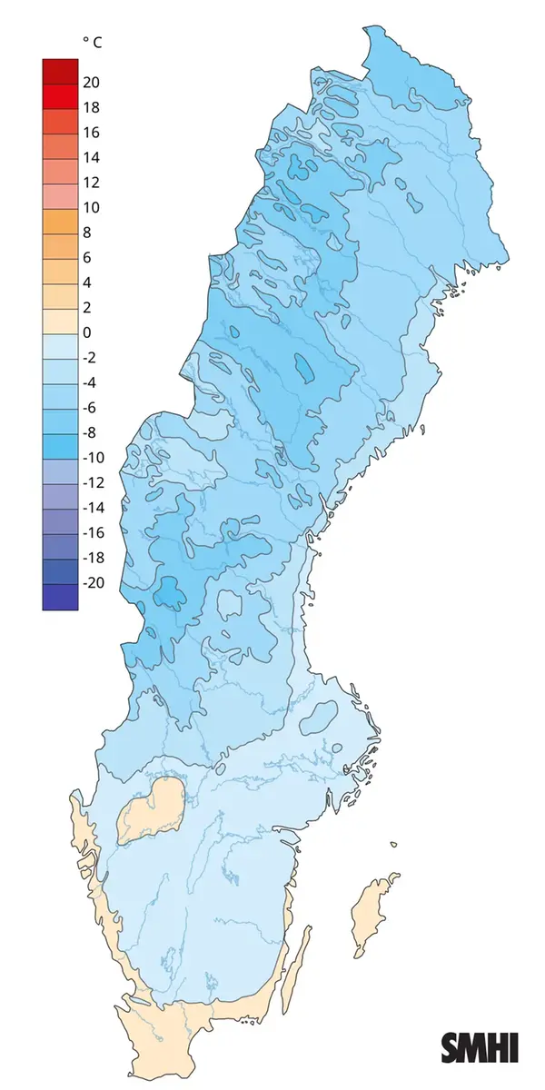 Månadsmedeltemperaturen under februari 2025.