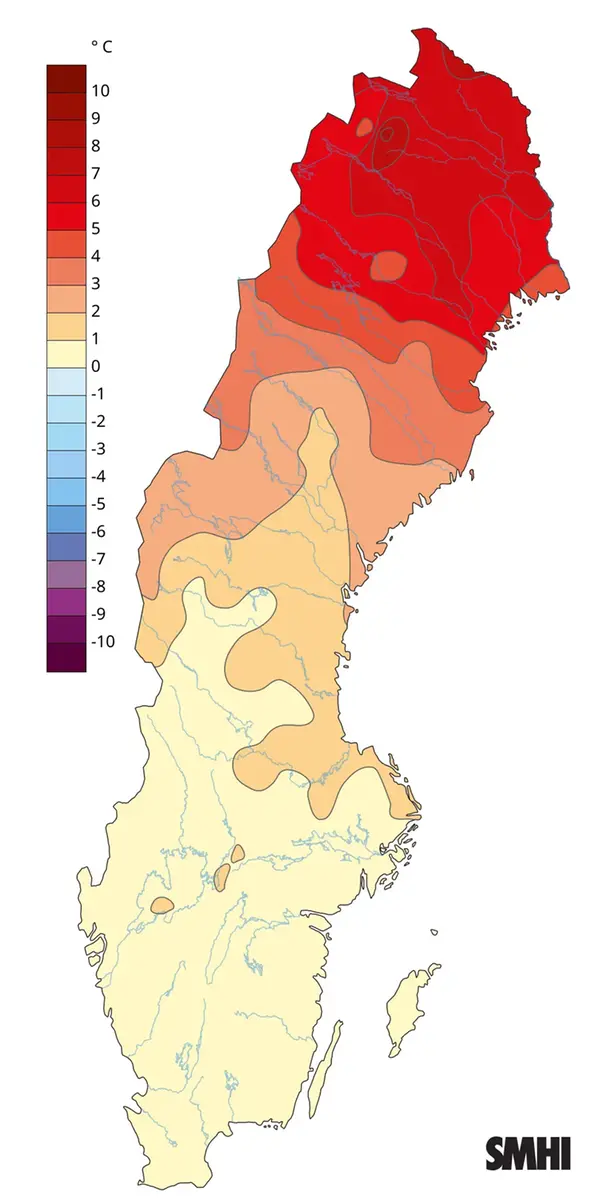 Medeltemperaturens avvikelse från normalperioden 1991-2020 för februari 2025.
