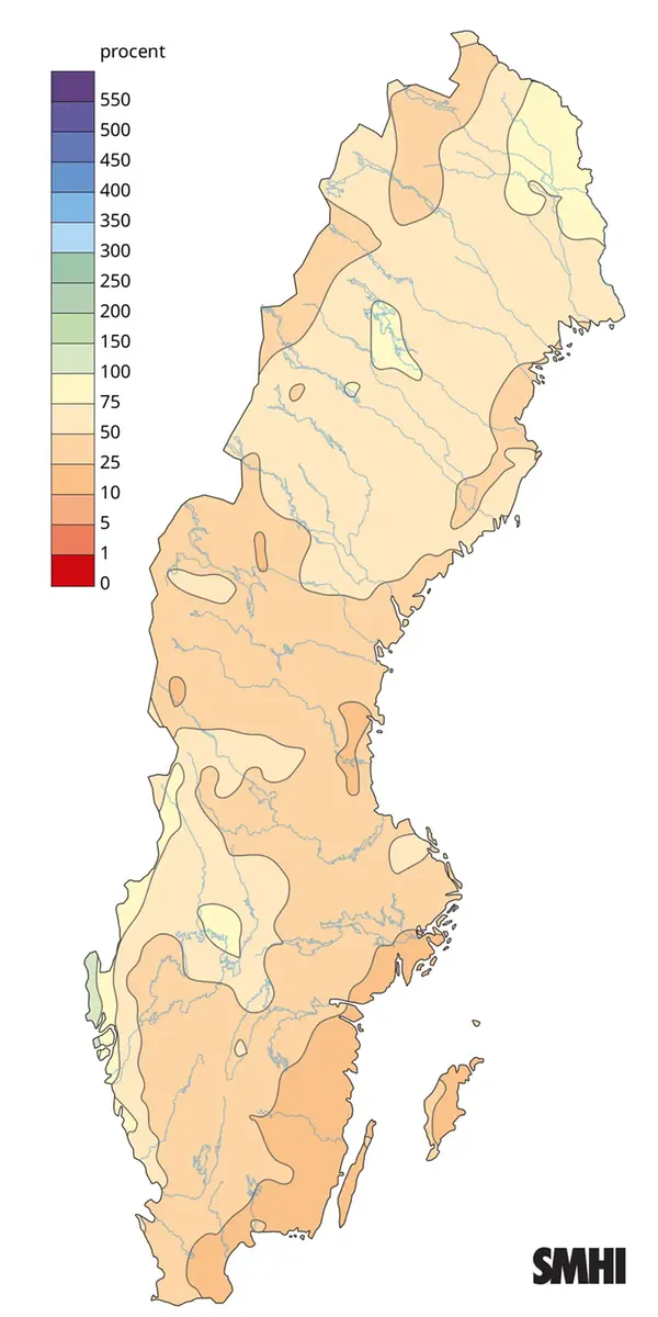 Nederbörden i procent av normalperioden 1991-2020 för februari 2025.