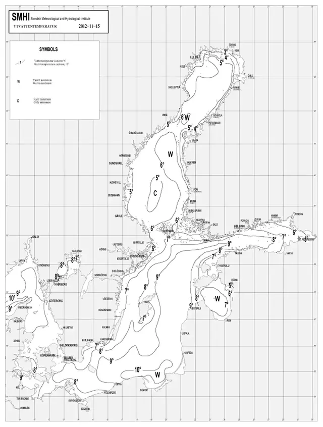 Karta över ytvattentemperatur i havet 15 november 2012