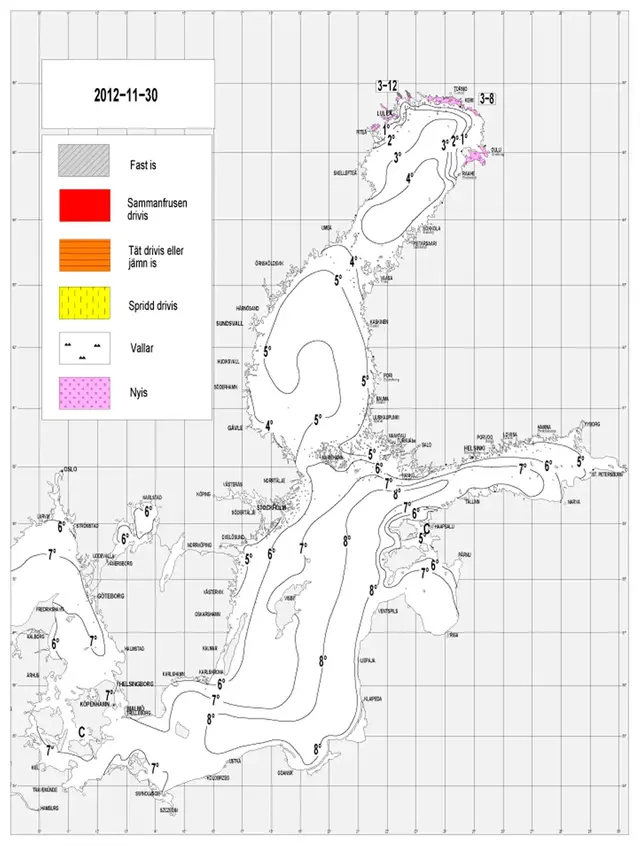 Karta över ytvattentemperatur i havet 30 november 2012.