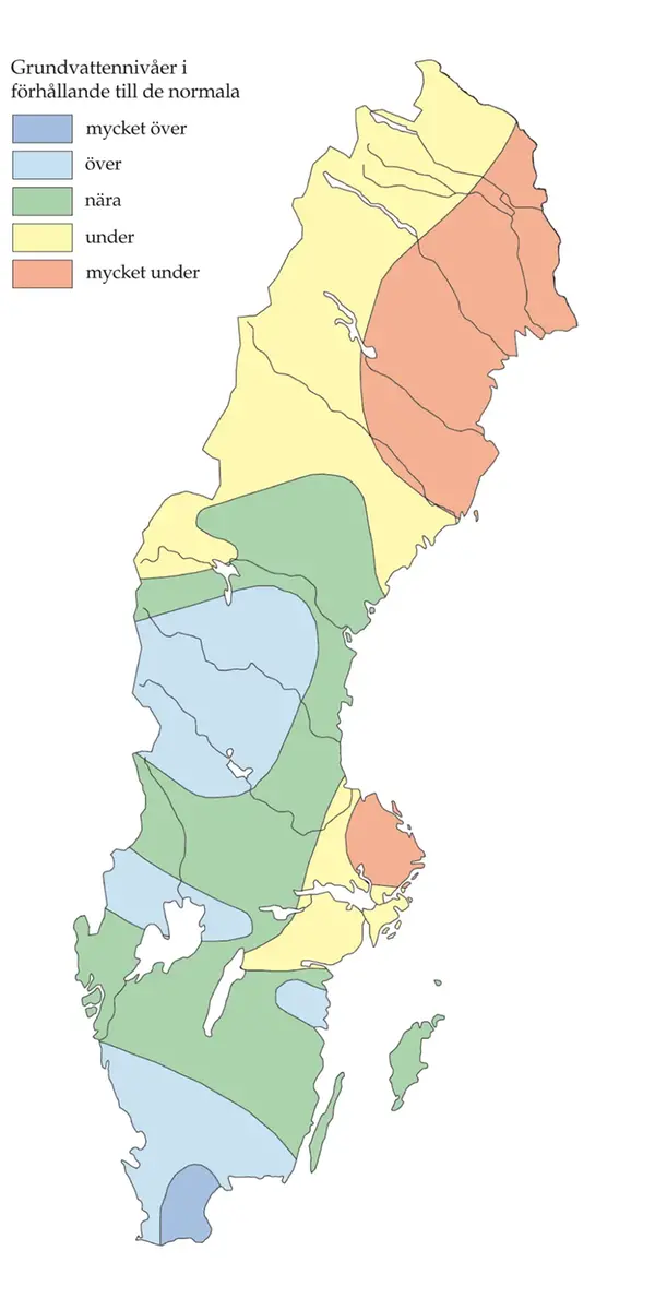 Karta över grundvattennivån i förhållande till det normala.