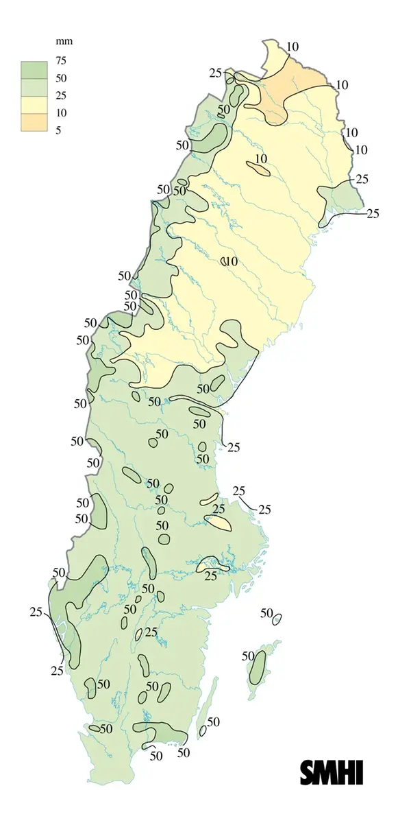 Karta över nederbörd mars 2009.