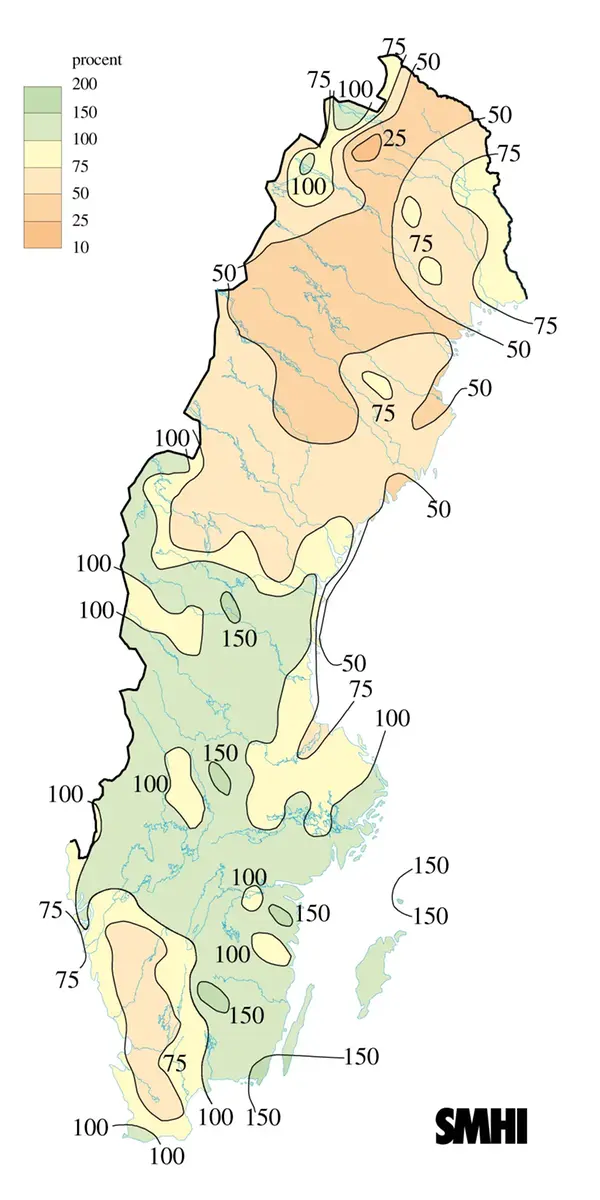 Karta över Nederbörden i procent av den normala mars 2009.