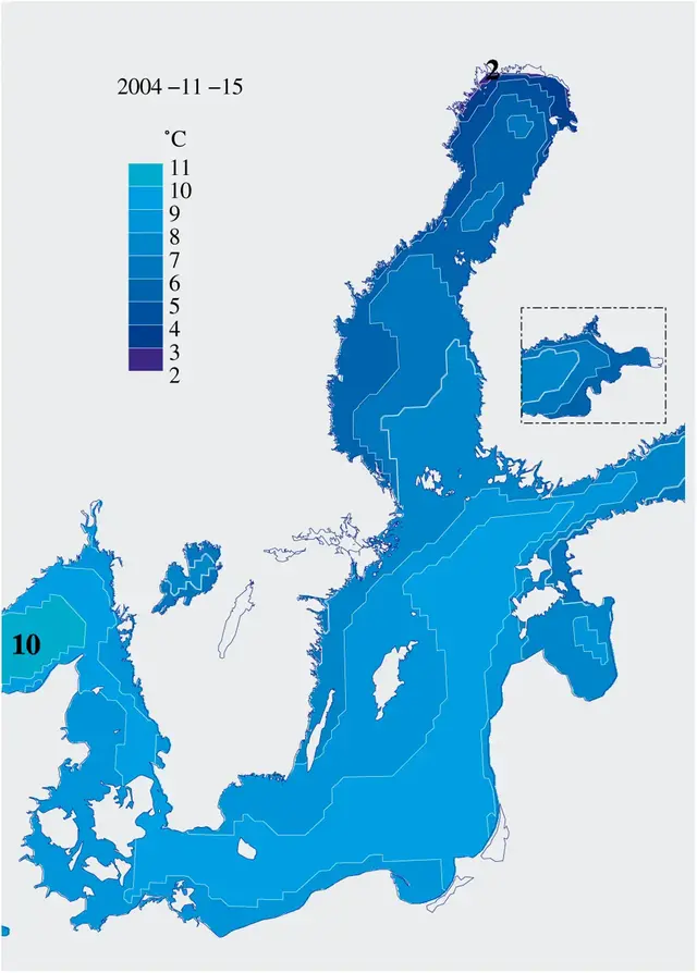 Karta över isutbredning och ytvattentemperatur i havet 15 november 2004.