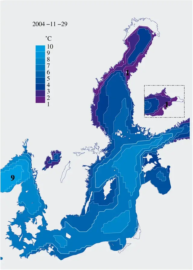 Karta över isutbredning och ytvattentemperatur i havet 29 november 2004.