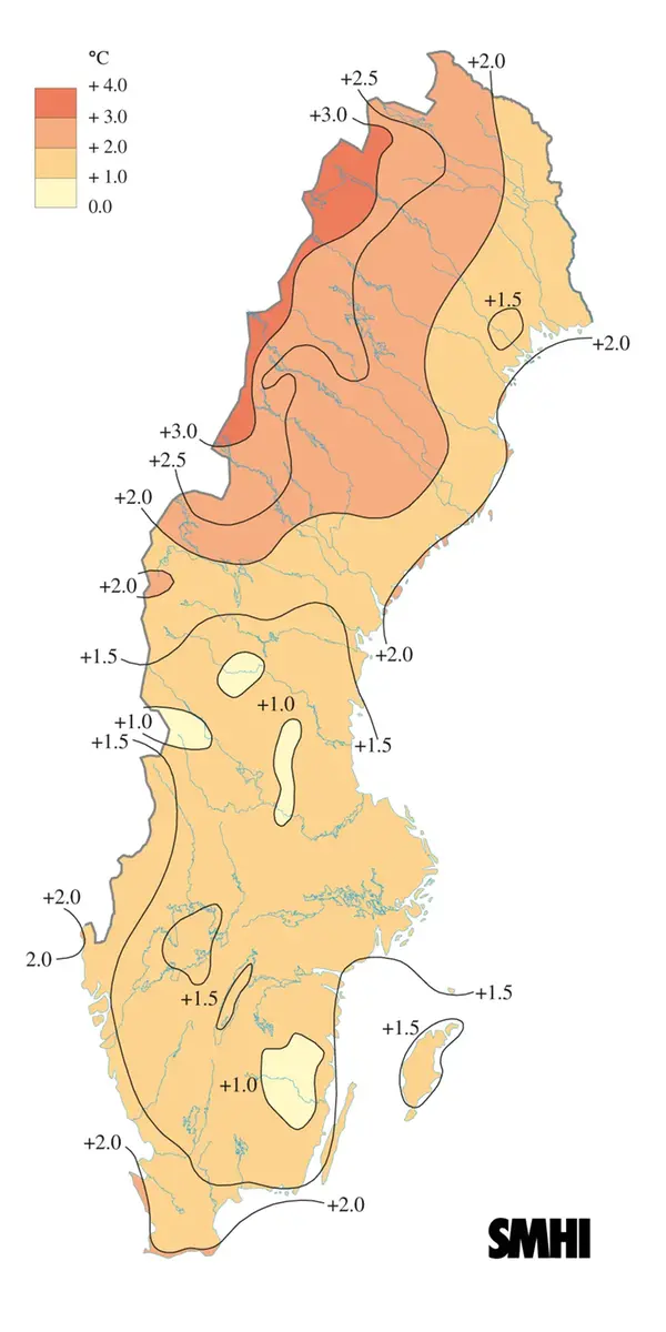 Karta över medeltemperaturens avvikelse från det normala under sommaren 2014.