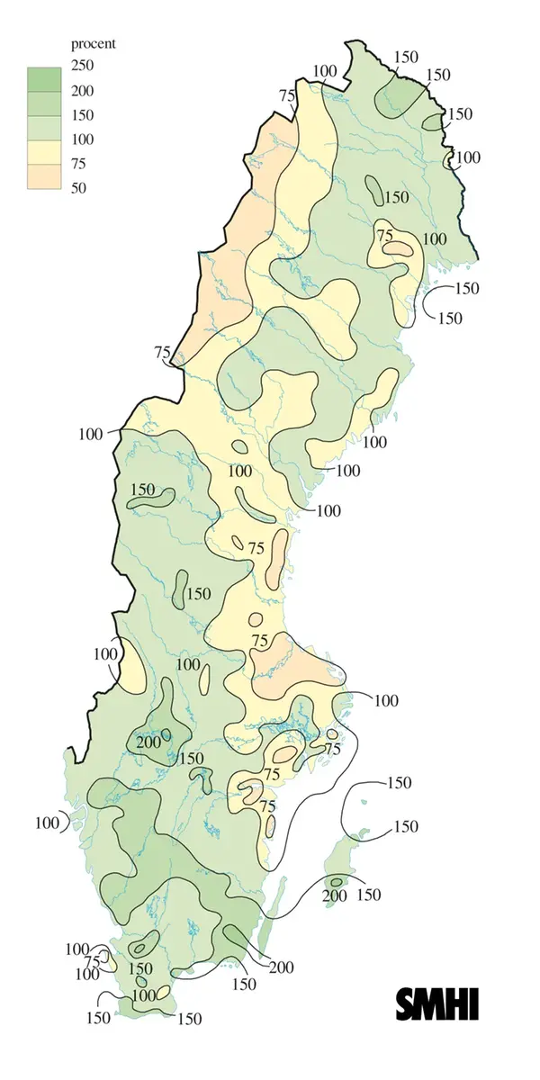 Karta över nederbörd i procent av det normala under sommaren 2014.