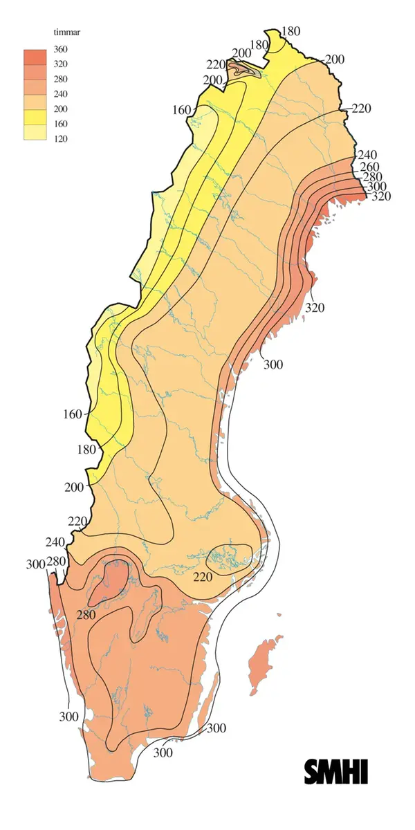 Karta över antal soltimmar under juni 2014.