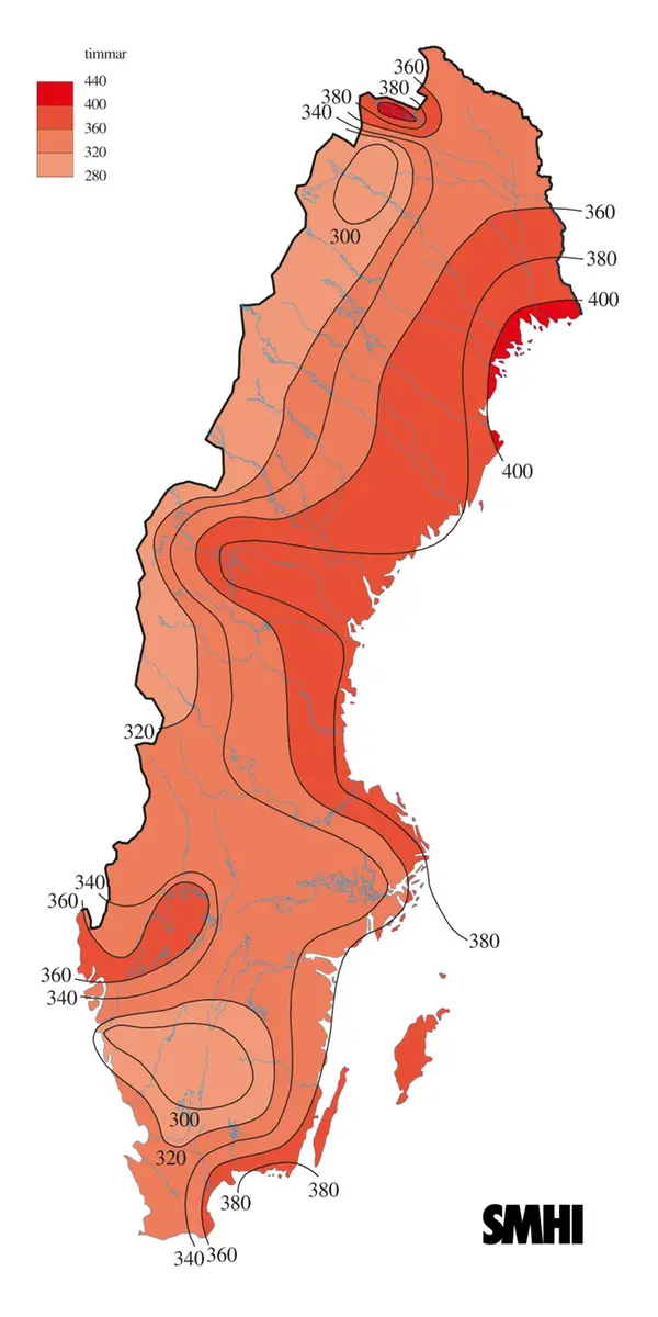 Karta över antal soltimmar under juli 2014.