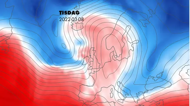 Bilden visar ett exempel på hur strömningsmönstret i atmosfären bildat en så kallad omegablockering.