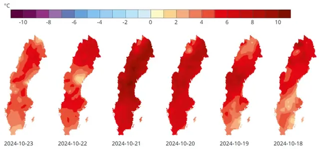 Temperaturanomalier relativt normalperioden 1991-2020 för den 18:e till den 23:e oktober.