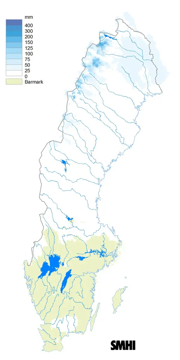Karta över sverige som visar snötäckets beräknade vattenvärde, 15 november 2015.