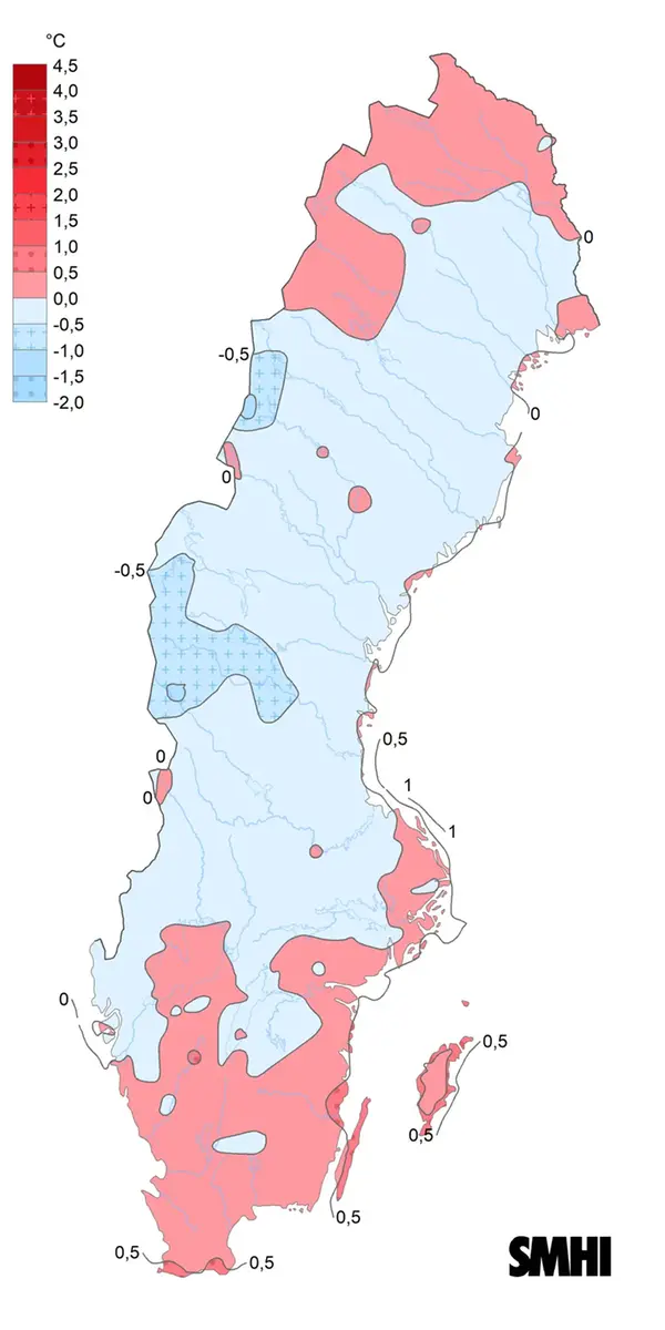Differensen för normal månadsmedeltemperatur i juni mellan perioderna 1961-1990 och 1991-2020.