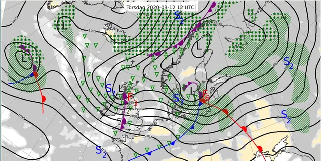 Karta som visar väderläget över norra Europa 2020.