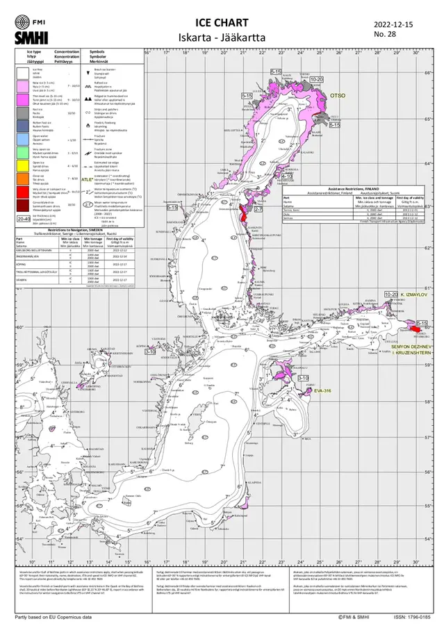 Karta som visar Is och ytvattentemperatur i havet 15 december 2022.