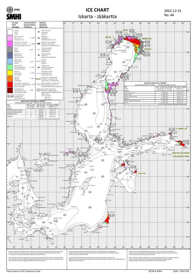 Karta som visar Is och ytvattentemperatur i havet 31 december 2022.