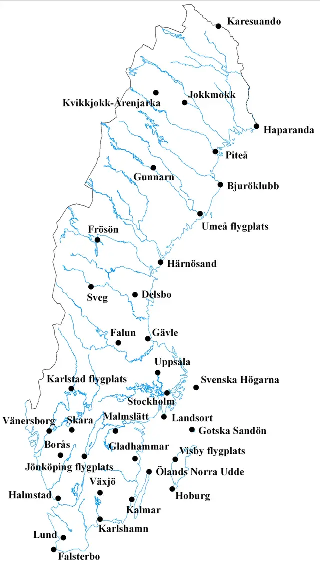 Karta som visar platser (35 st.) med långa serier som tidigare användes för klimatindikatorn temperatur.