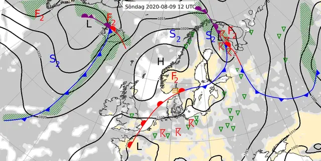 Karta över väderläget klockan 20 den 9 augusti 2020.