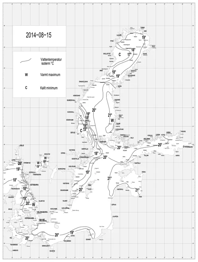 Karta över ytvattentemperatur i havet 15 augusti 2014.