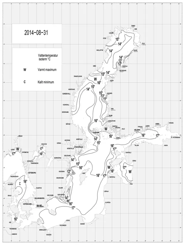 Karta över ytvattentemperatur i havet 31 augusti 2014.