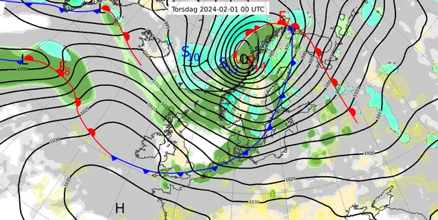 Analys av väderläget klockan 01 den 1 februari 2024.