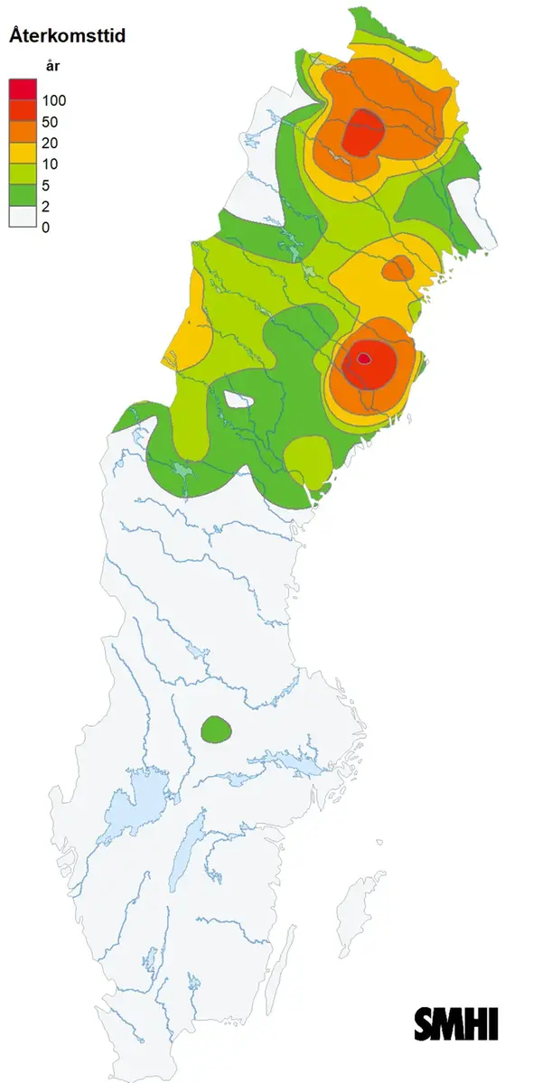 Bilden visar en karta över Sverige med återkomsttid för byvindhastigheten under Ingunn den 1 februari 2024.