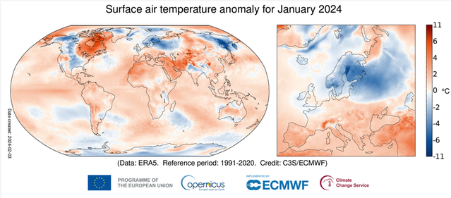 Världskarta med temperaturavvikelse från det normala i januari 2024.