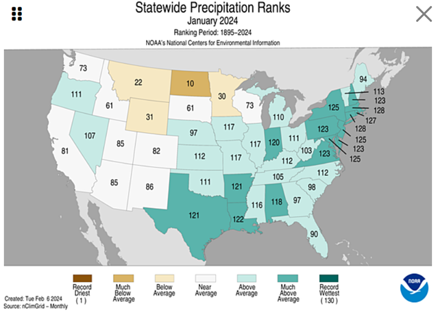 Karta över USA med delstatsvis ranking av månadsnederbörden i januari 2024.