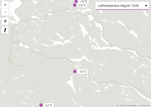 Bilden visar en karta med lufttemperatur i södra Lapplandsfjällen den 17 november 2022.